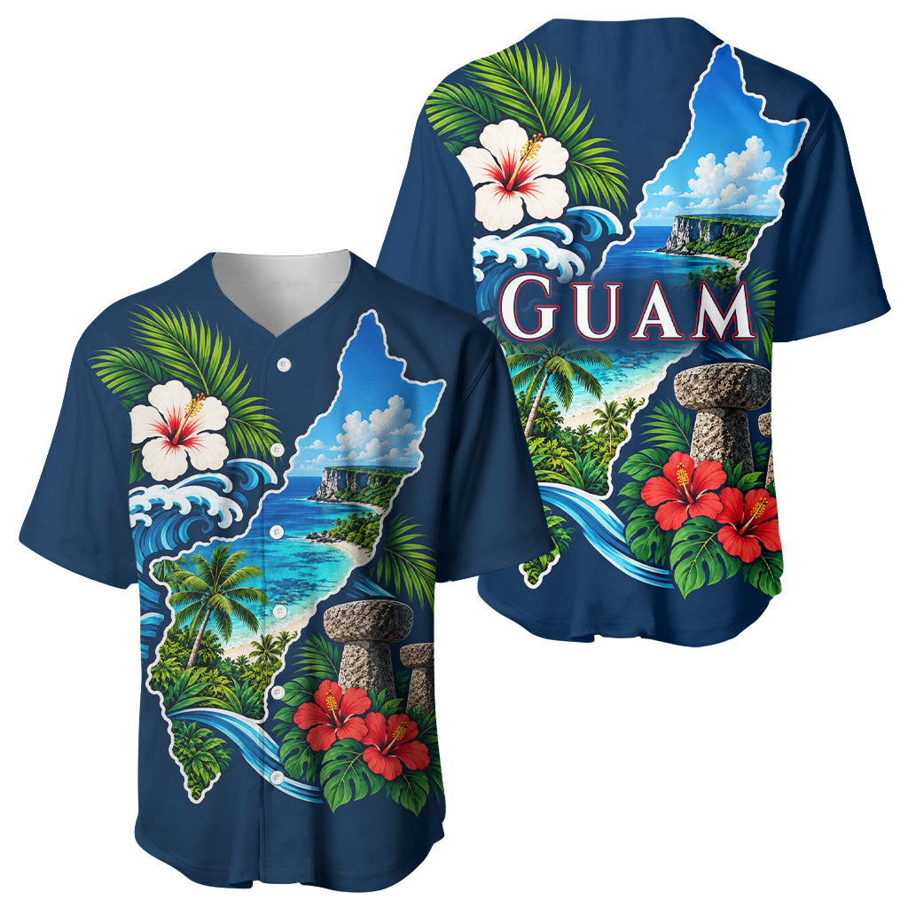 Guam Map Latte Stone Baseball Jersey Hibiscus Floral Coastal Landscape TS04 - Polynesian Pride