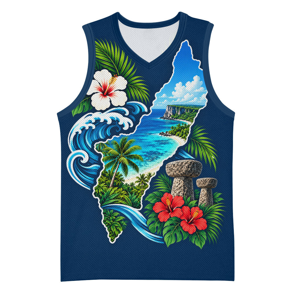 Guam Map Latte Stone Basketball Jersey Hibiscus Floral Coastal Landscape TS04 Unisex Blue Red - Polynesian Pride