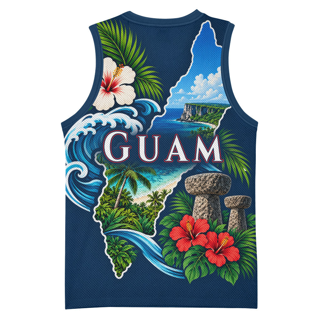 Guam Map Latte Stone Basketball Jersey Hibiscus Floral Coastal Landscape TS04 - Polynesian Pride