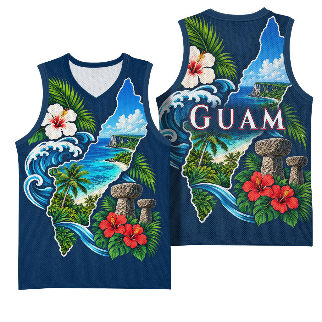 Guam Map Latte Stone Basketball Jersey Hibiscus Floral Coastal Landscape TS04 - Polynesian Pride