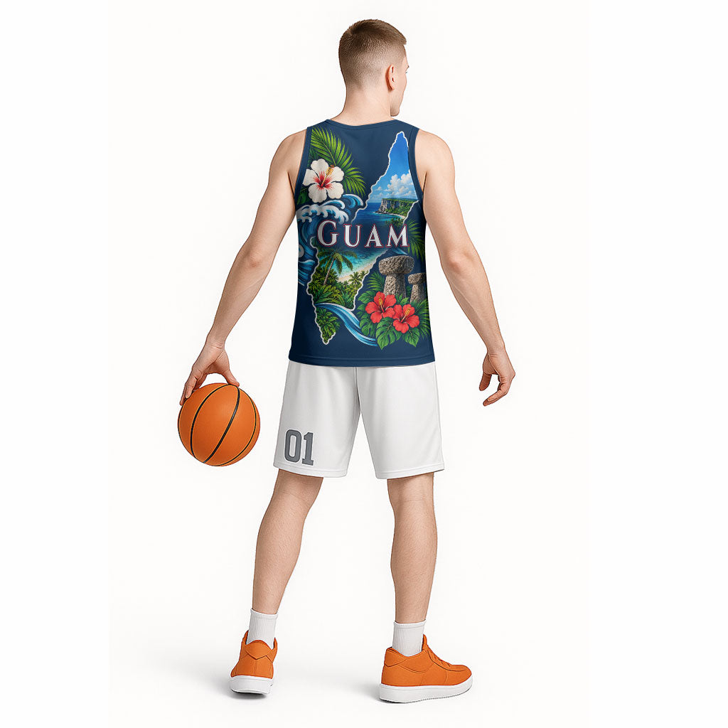 Guam Map Latte Stone Basketball Jersey Hibiscus Floral Coastal Landscape TS04 - Polynesian Pride