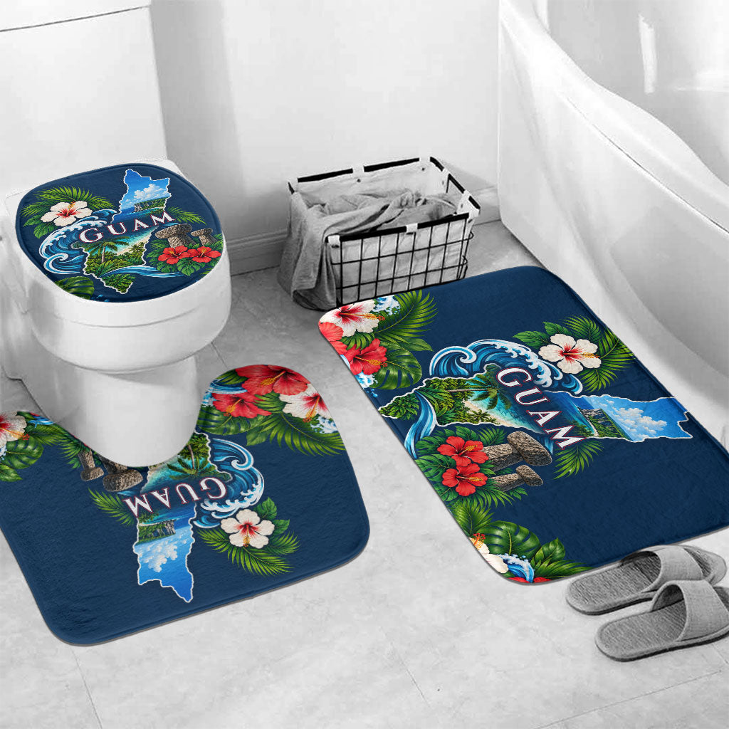 Guam Map Latte Stone Bathroom Set Hibiscus Floral Coastal Landscape TS04 Mat Set Only (3 pcs) One Size Blue Red - Polynesian Pride