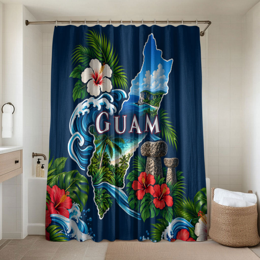 Guam Map Latte Stone Bathroom Set Hibiscus Floral Coastal Landscape TS04 Shower Curtain Only Blue Red - Polynesian Pride