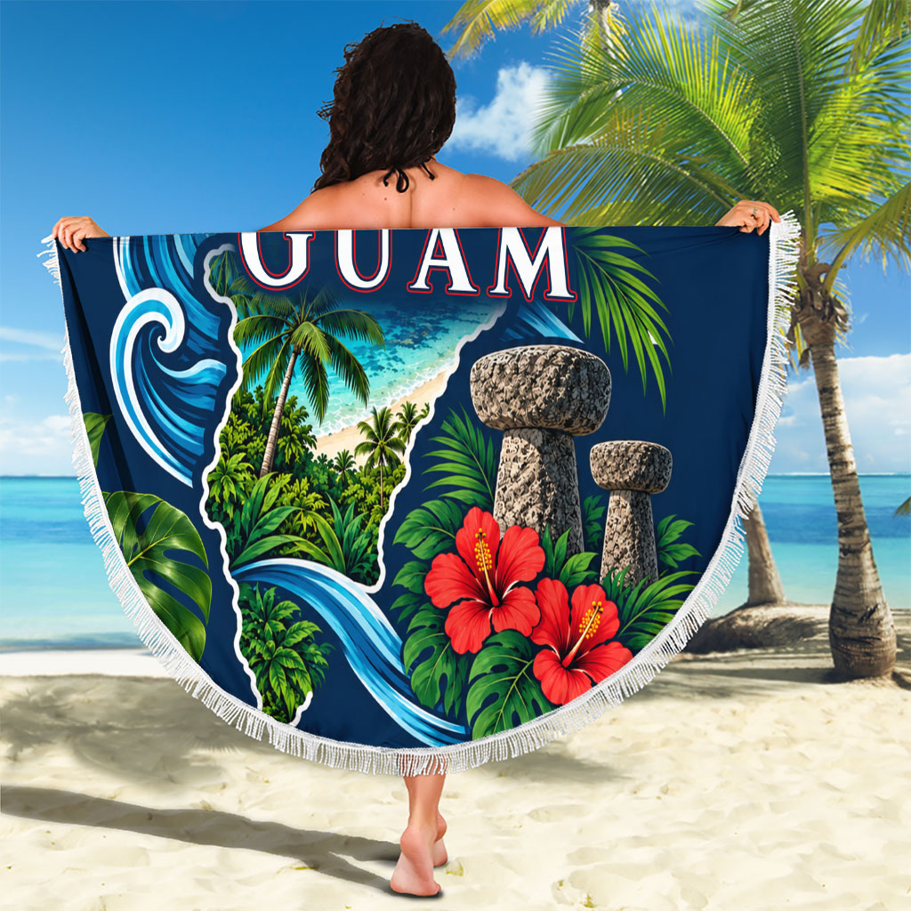 Guam Map Latte Stone Beach Blanket Hibiscus Floral Coastal Landscape TS04 - Polynesian Pride