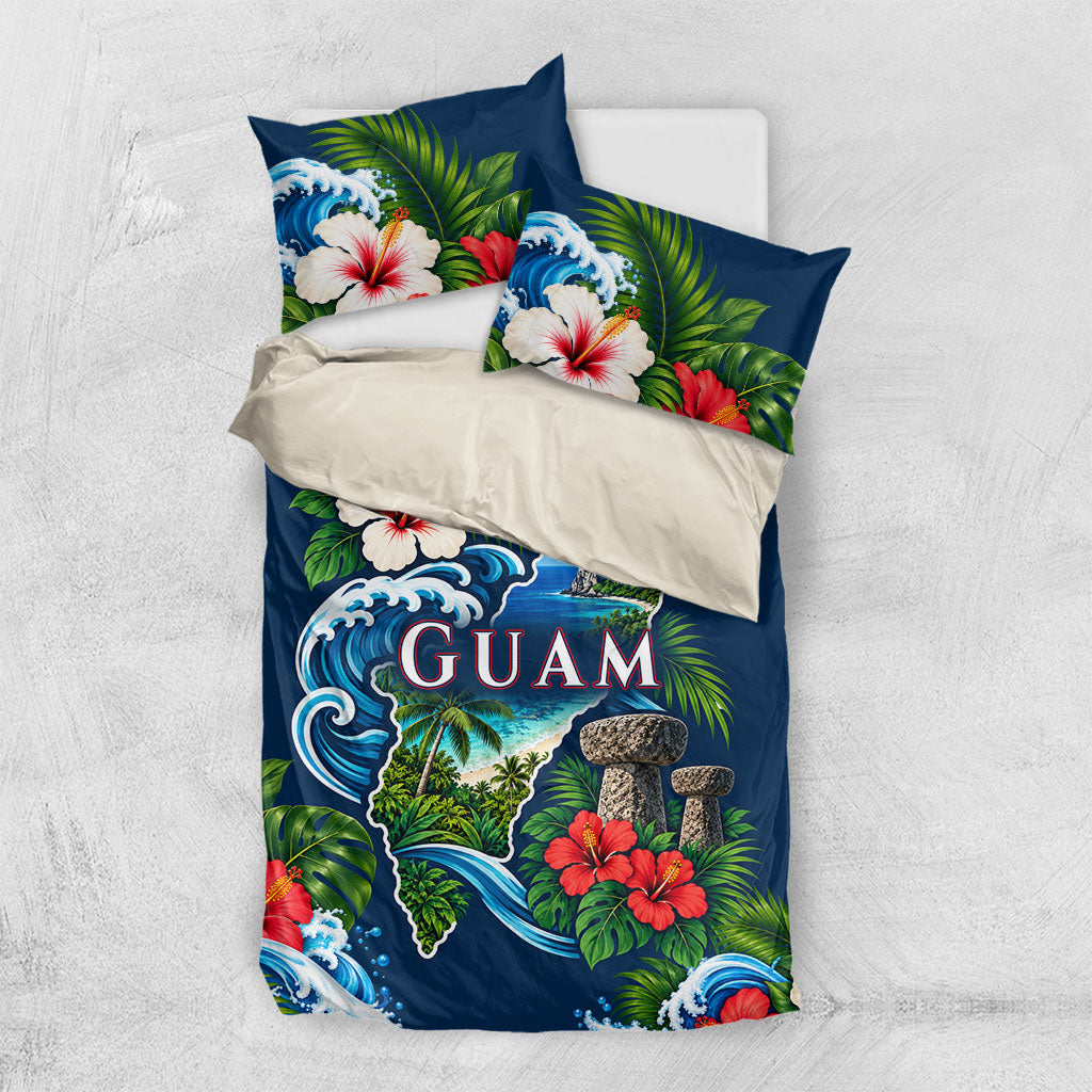 Guam Map Latte Stone Bedding Set Hibiscus Floral Coastal Landscape TS04 US Twin 172cm x 218cm Blue Red - Polynesian Pride
