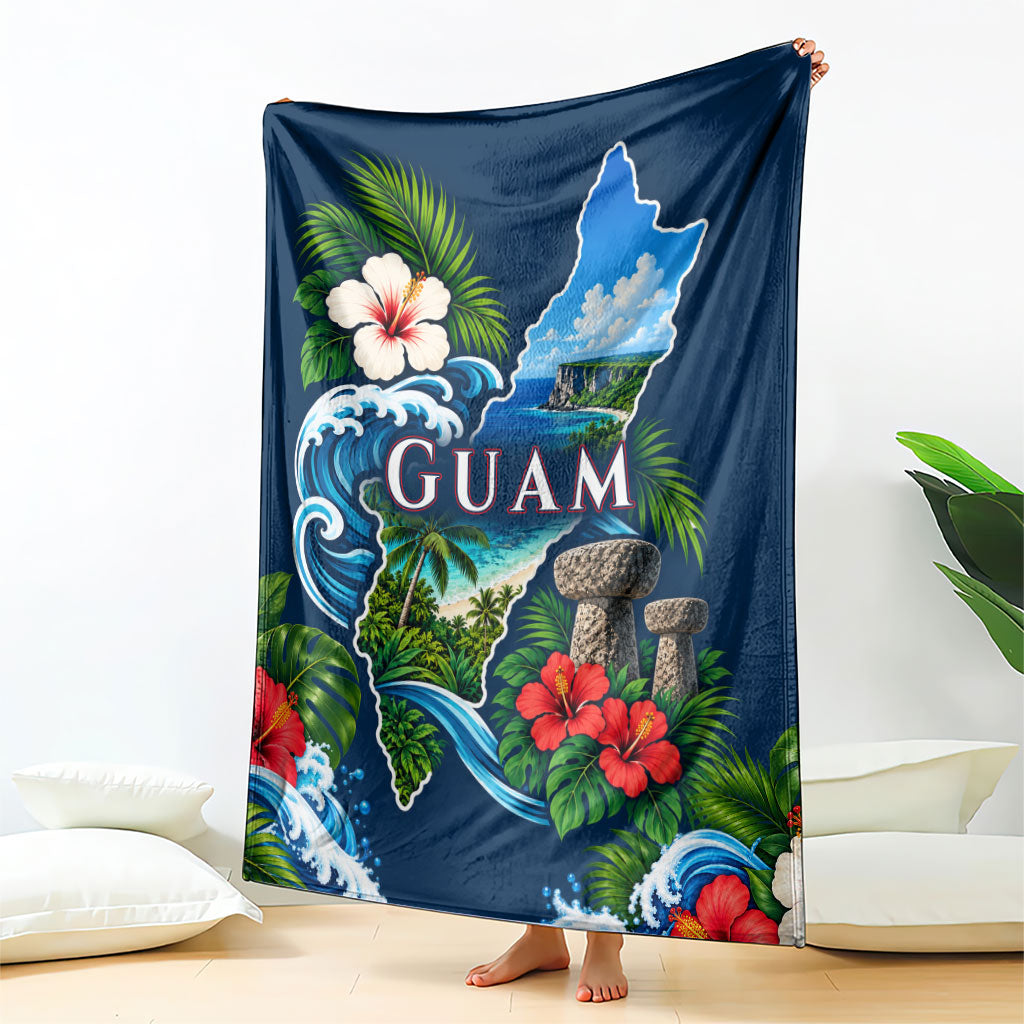 Guam Map Latte Stone Blanket Hibiscus Floral Coastal Landscape TS04 - Polynesian Pride