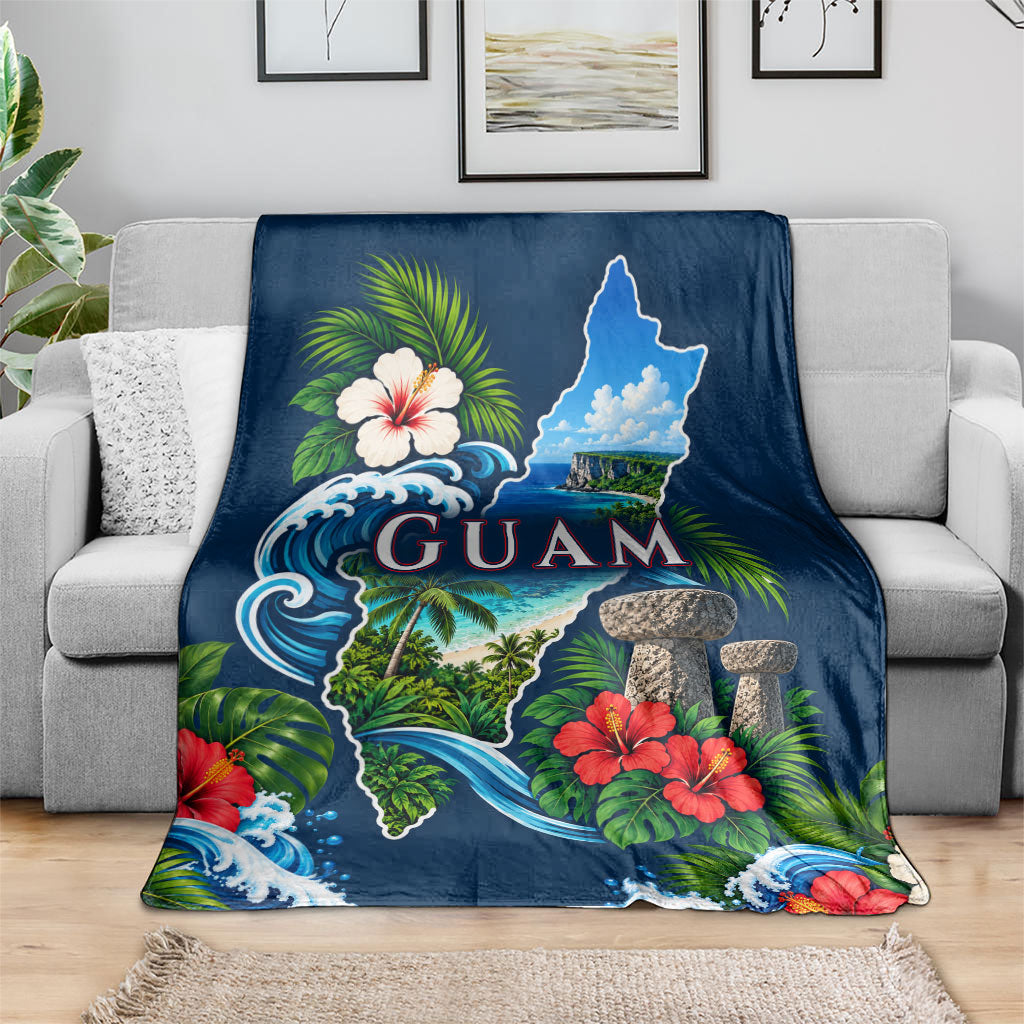 Guam Map Latte Stone Blanket Hibiscus Floral Coastal Landscape TS04 - Polynesian Pride