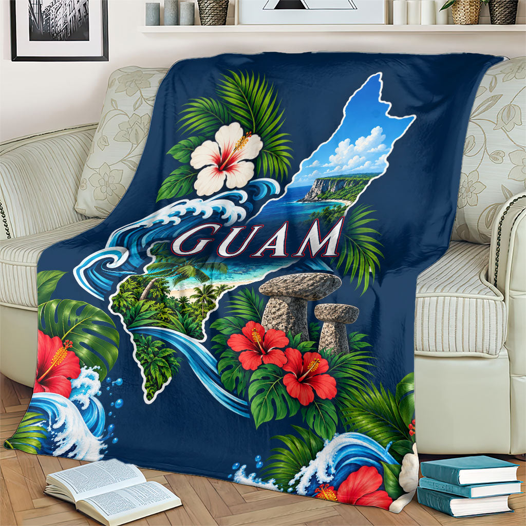 Guam Map Latte Stone Blanket Hibiscus Floral Coastal Landscape TS04 - Polynesian Pride