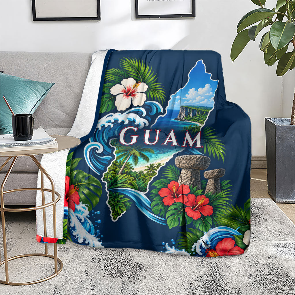 Guam Map Latte Stone Blanket Hibiscus Floral Coastal Landscape TS04 - Polynesian Pride