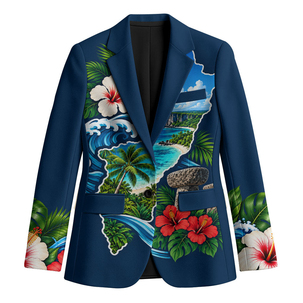 Guam Map Latte Stone Blazer Hibiscus Floral Coastal Landscape TS04 Unisex Blue Red - Polynesian Pride