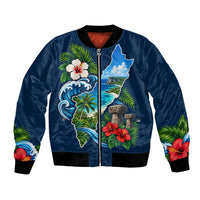 Guam Map Latte Stone Bomber Jacket Hibiscus Floral Coastal Landscape TS04 Unisex Blue Red - Polynesian Pride