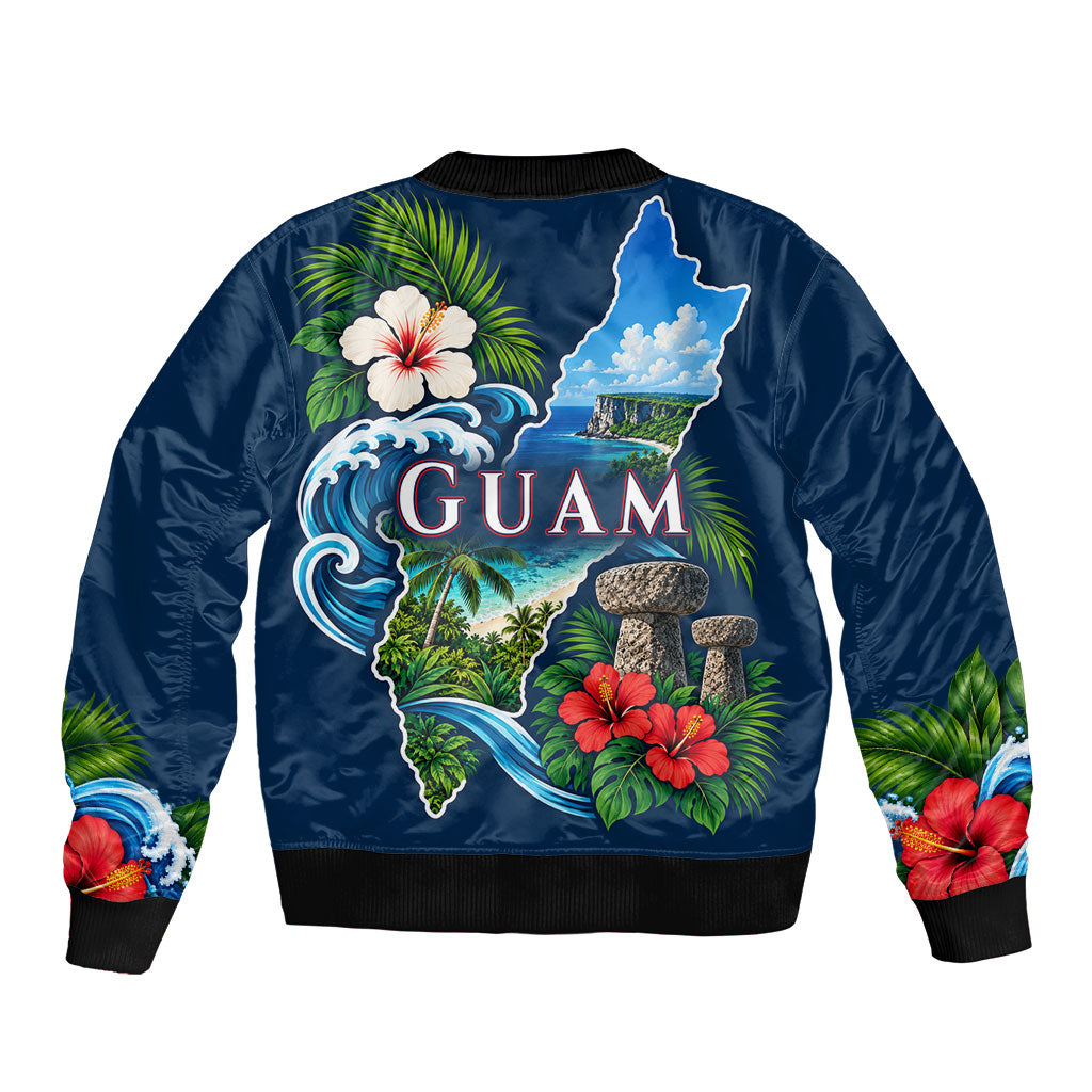 Guam Map Latte Stone Bomber Jacket Hibiscus Floral Coastal Landscape TS04 - Polynesian Pride