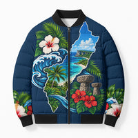 Guam Map Latte Stone Bomber Puffer Jacket Hibiscus Floral Coastal Landscape TS04 Unisex Blue Red - Polynesian Pride