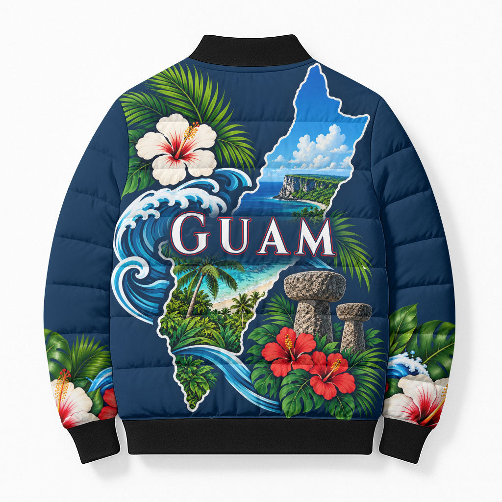 Guam Map Latte Stone Bomber Puffer Jacket Hibiscus Floral Coastal Landscape TS04 - Polynesian Pride