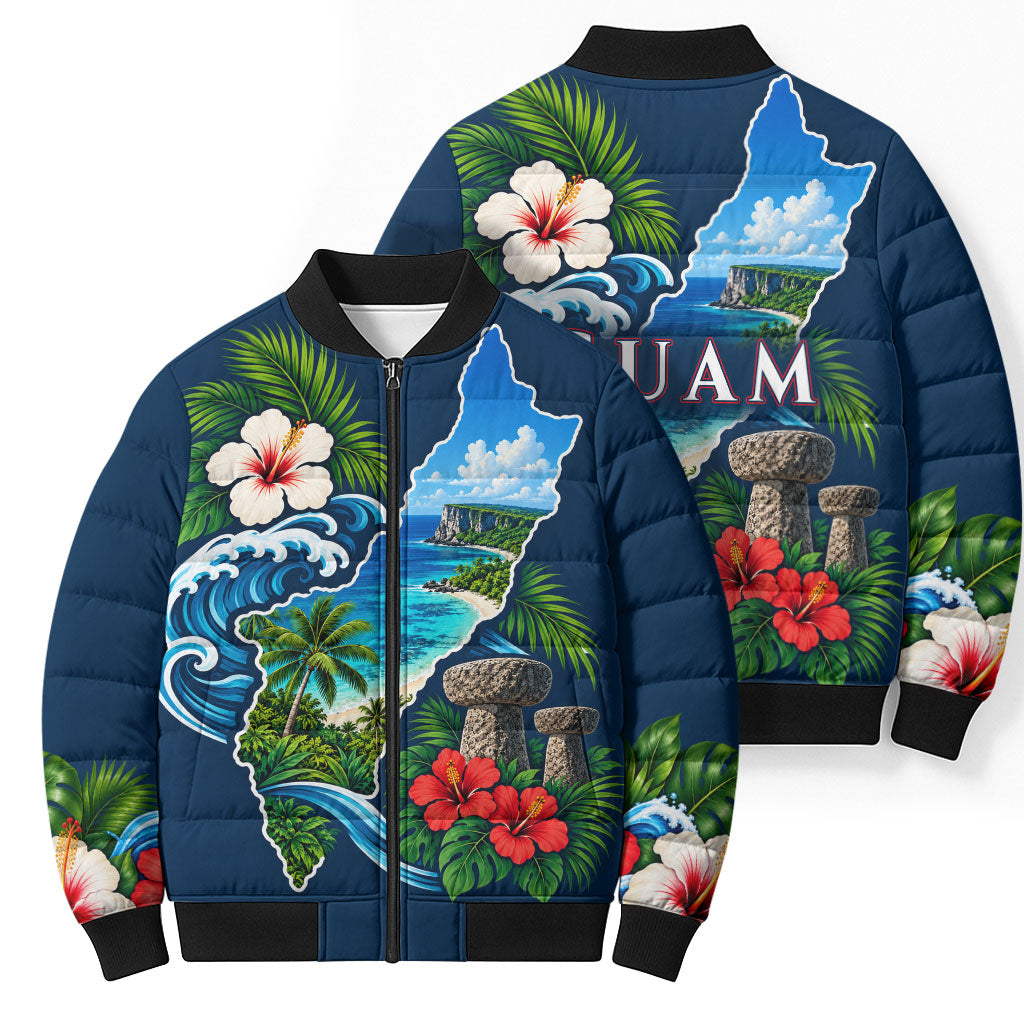 Guam Map Latte Stone Bomber Puffer Jacket Hibiscus Floral Coastal Landscape TS04 - Polynesian Pride