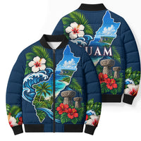 Guam Map Latte Stone Bomber Puffer Jacket Hibiscus Floral Coastal Landscape TS04 - Polynesian Pride