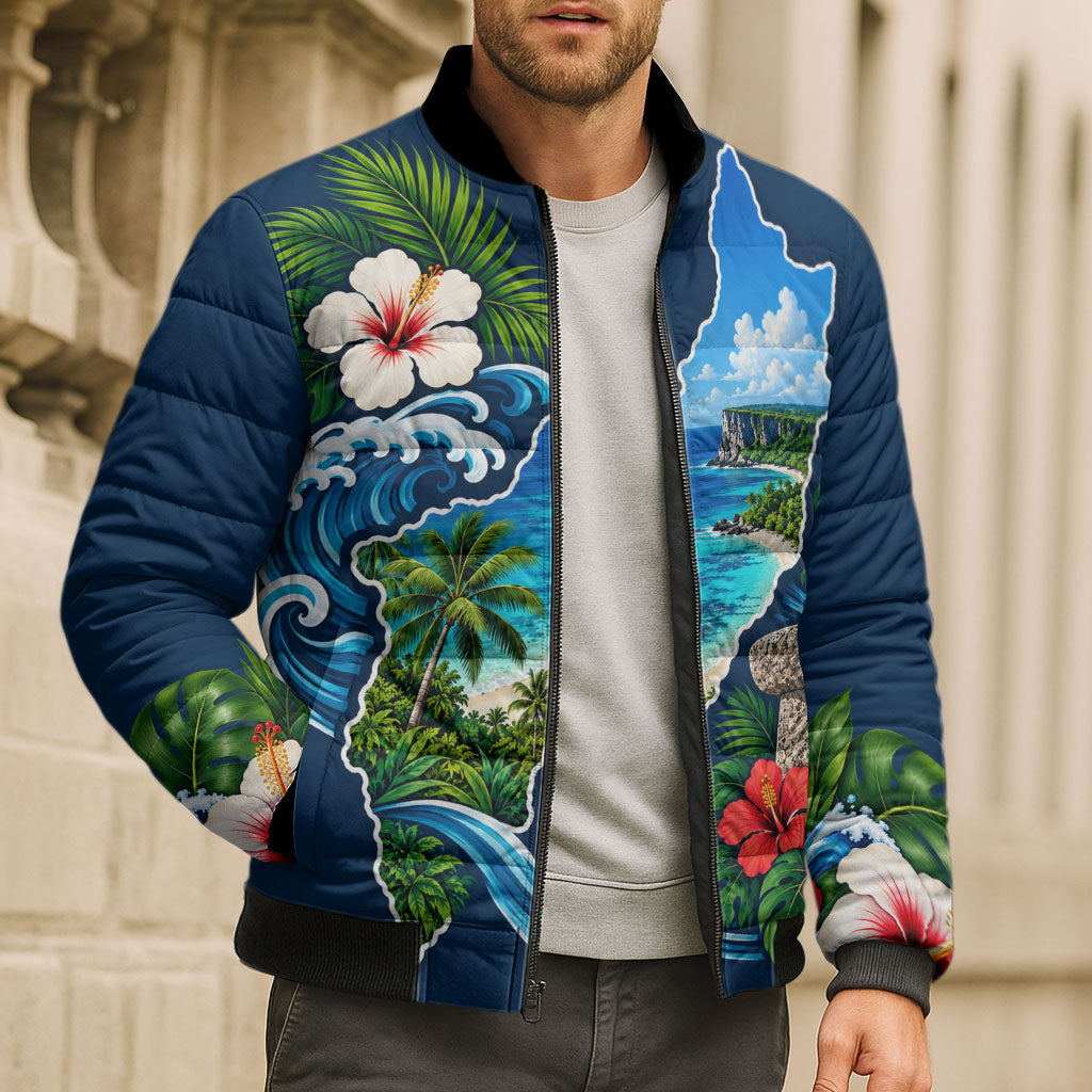 Guam Map Latte Stone Bomber Puffer Jacket Hibiscus Floral Coastal Landscape TS04 - Polynesian Pride