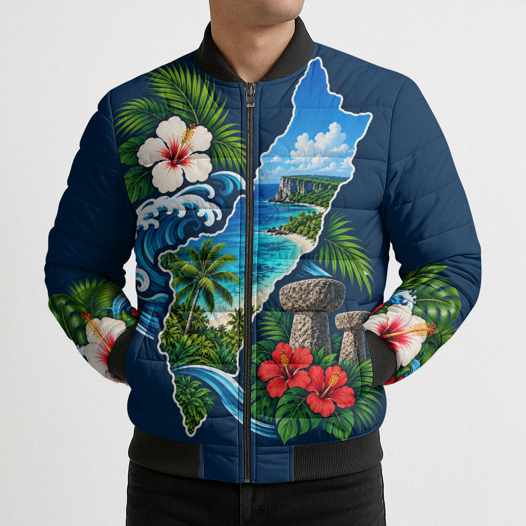 Guam Map Latte Stone Bomber Puffer Jacket Hibiscus Floral Coastal Landscape TS04 - Polynesian Pride