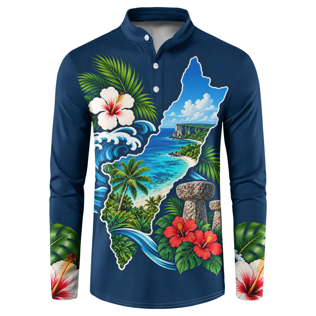 Guam Map Latte Stone Button Sweatshirt Hibiscus Floral Coastal Landscape TS04 Blue Red - Polynesian Pride