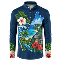 Guam Map Latte Stone Button Sweatshirt Hibiscus Floral Coastal Landscape TS04 Blue Red - Polynesian Pride