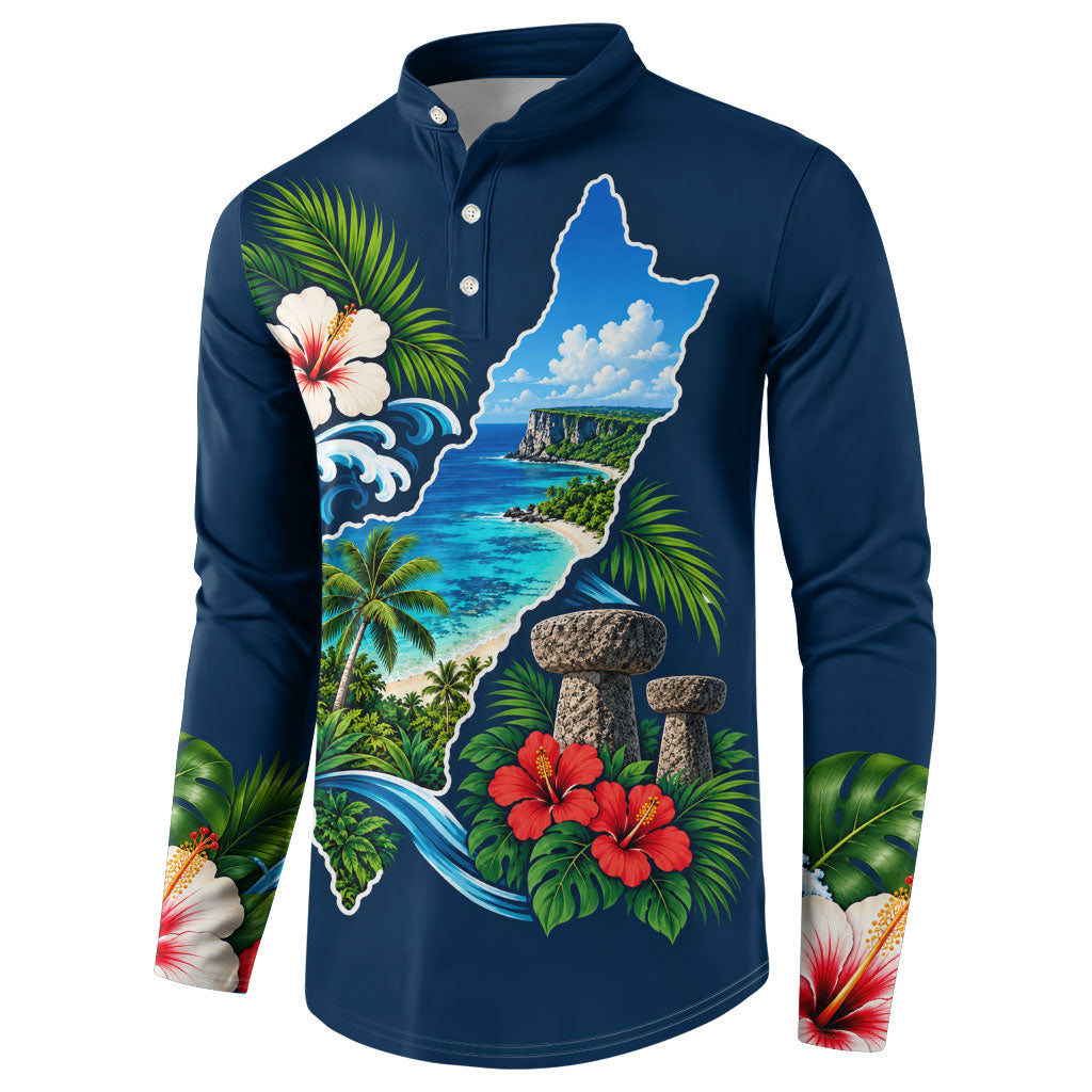 Guam Map Latte Stone Button Sweatshirt Hibiscus Floral Coastal Landscape TS04 - Polynesian Pride