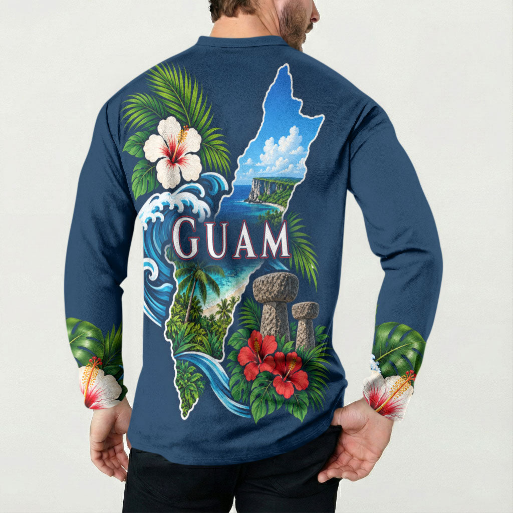 Guam Map Latte Stone Button Sweatshirt Hibiscus Floral Coastal Landscape TS04 - Polynesian Pride