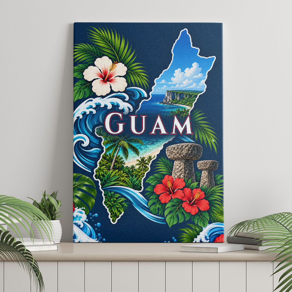 Guam Map Latte Stone Canvas Wall Art Hibiscus Floral Coastal Landscape TS04 - Polynesian Pride