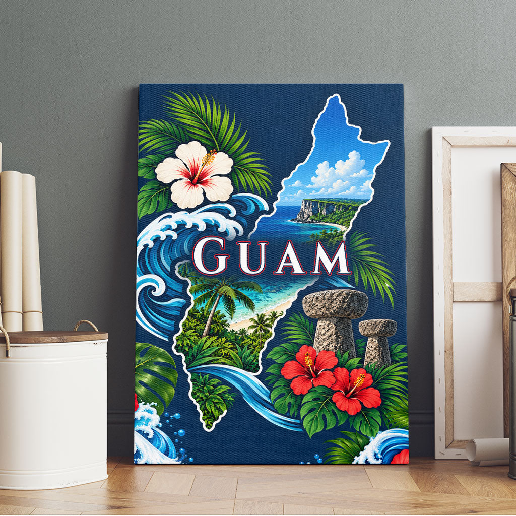 Guam Map Latte Stone Canvas Wall Art Hibiscus Floral Coastal Landscape TS04 - Polynesian Pride