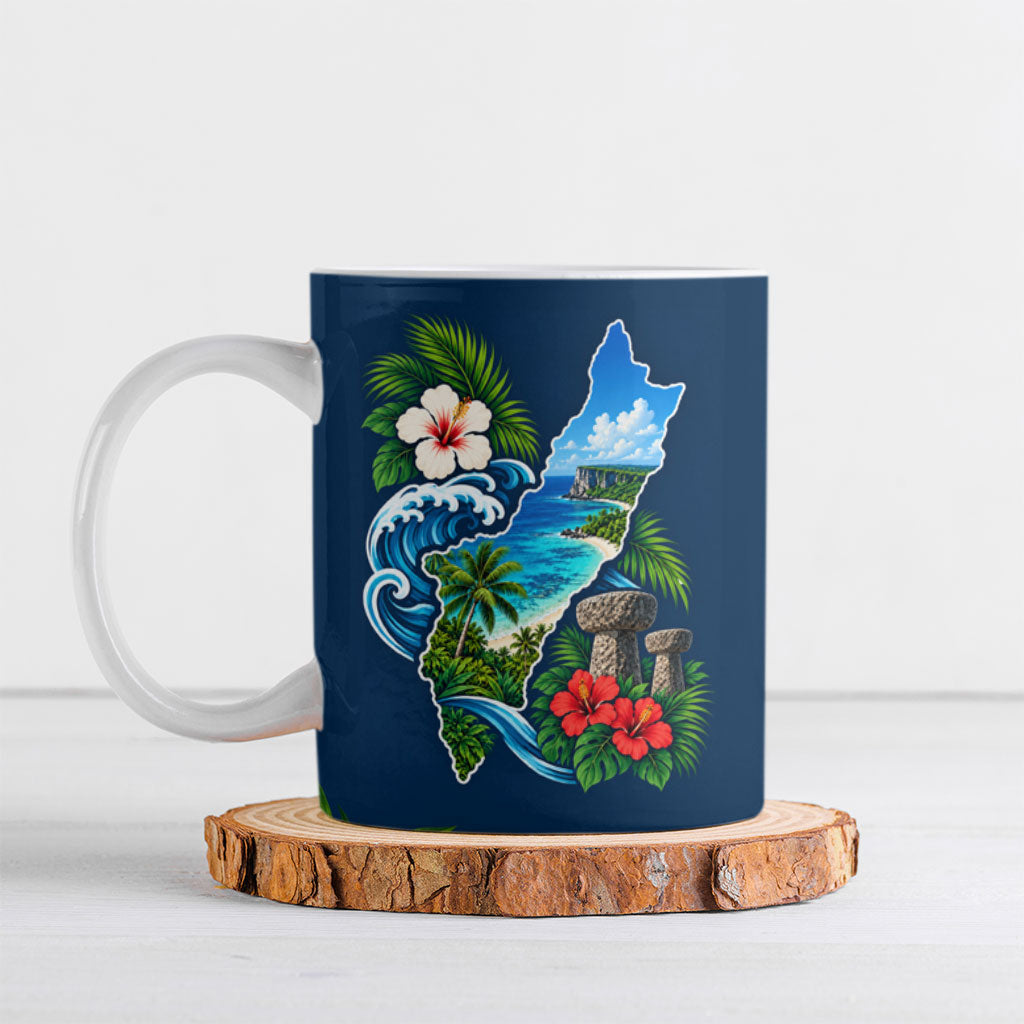 Guam Map Latte Stone Ceramic Mug Hibiscus Floral Coastal Landscape TS04 Blue Red - Polynesian Pride