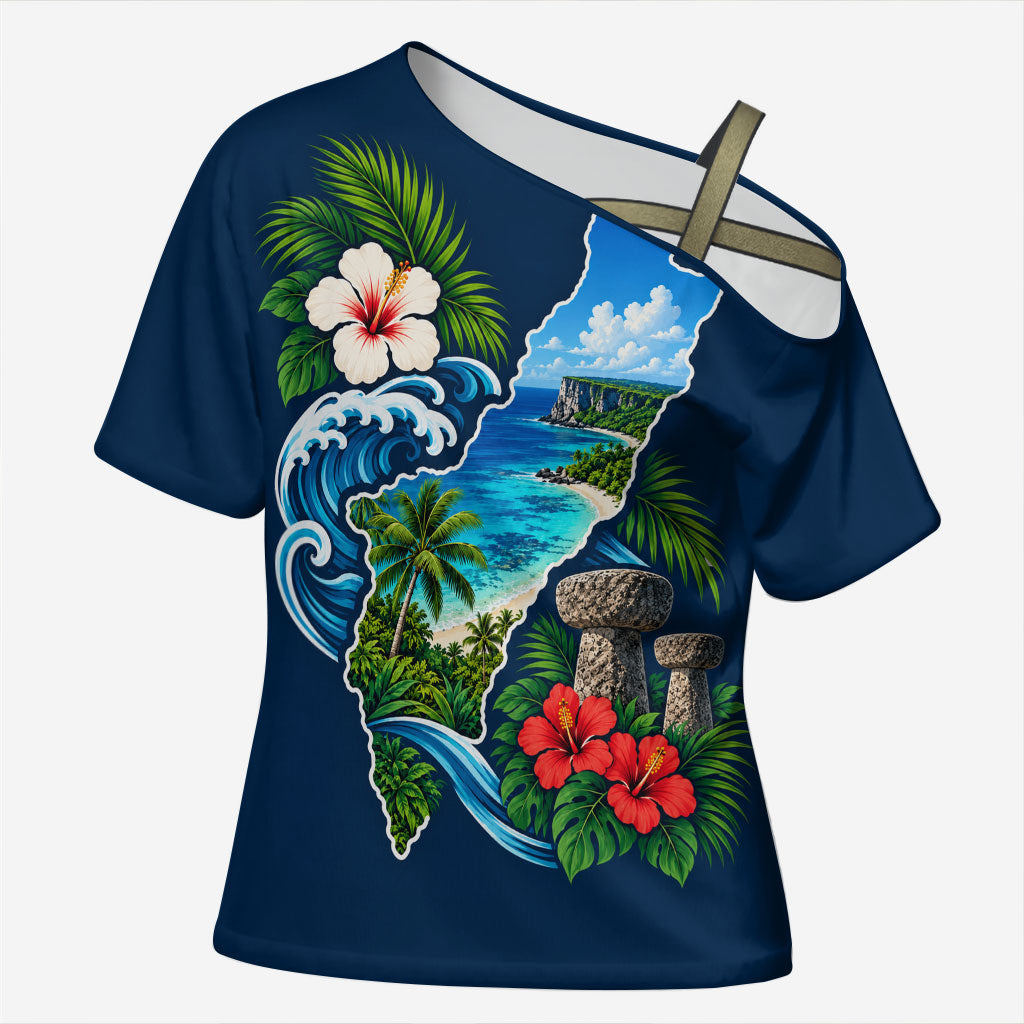 Guam Map Latte Stone Cross Shoulder Shirt Hibiscus Floral Coastal Landscape TS04 Female Blue Red - Polynesian Pride