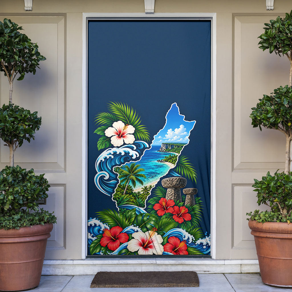 Guam Map Latte Stone Door Cover Hibiscus Floral Coastal Landscape TS04 Blue Red - Polynesian Pride