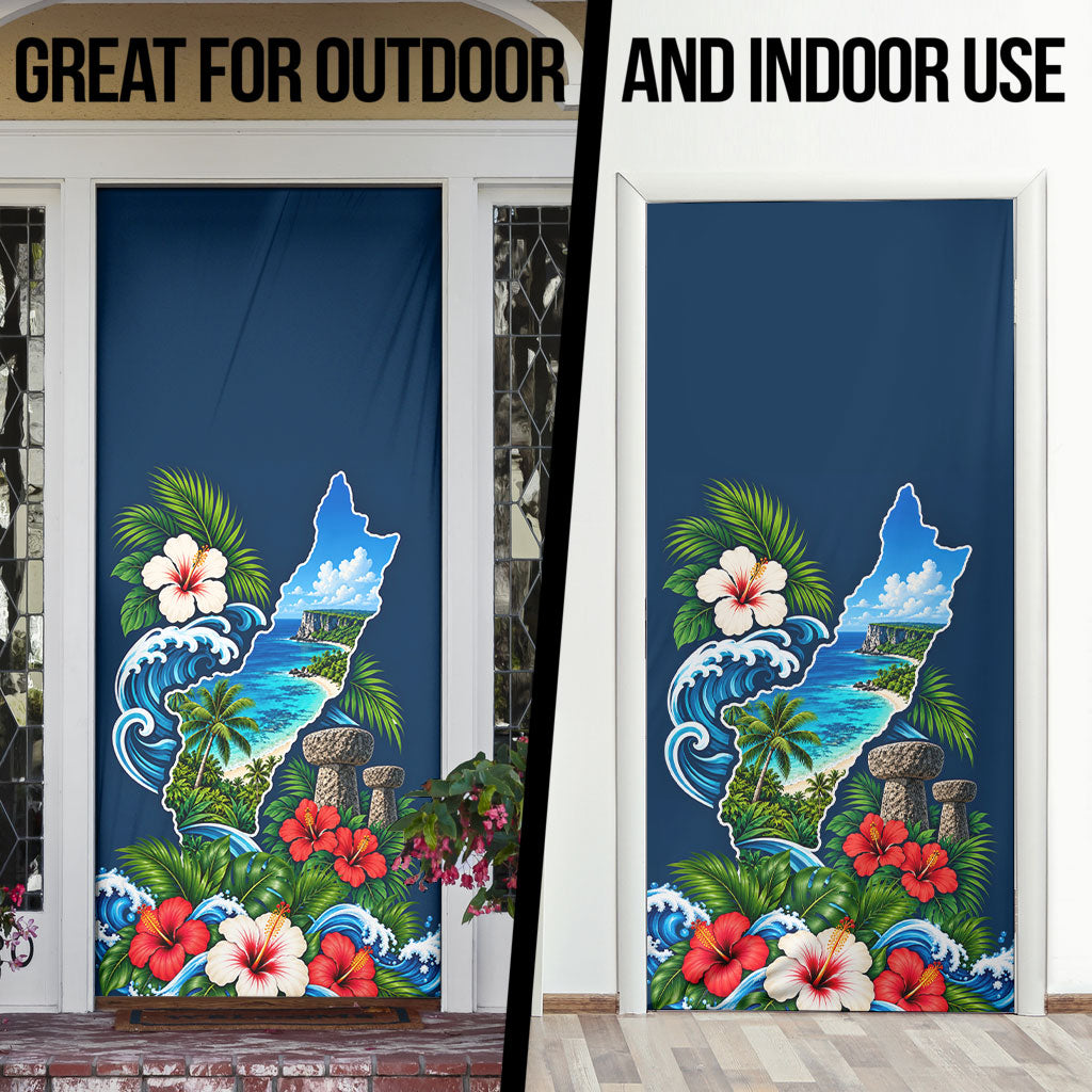 Guam Map Latte Stone Door Cover Hibiscus Floral Coastal Landscape TS04 - Polynesian Pride