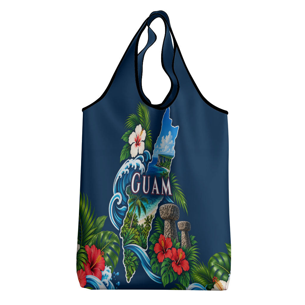 Guam Map Latte Stone Grocery Bag Hibiscus Floral Coastal Landscape TS04 - Polynesian Pride
