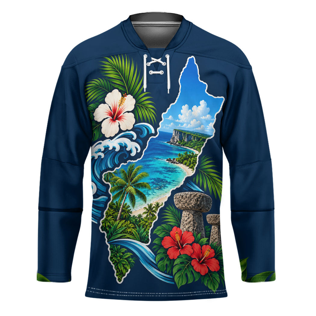 Guam Map Latte Stone Hockey Jersey Hibiscus Floral Coastal Landscape TS04 Unisex Blue Red - Polynesian Pride