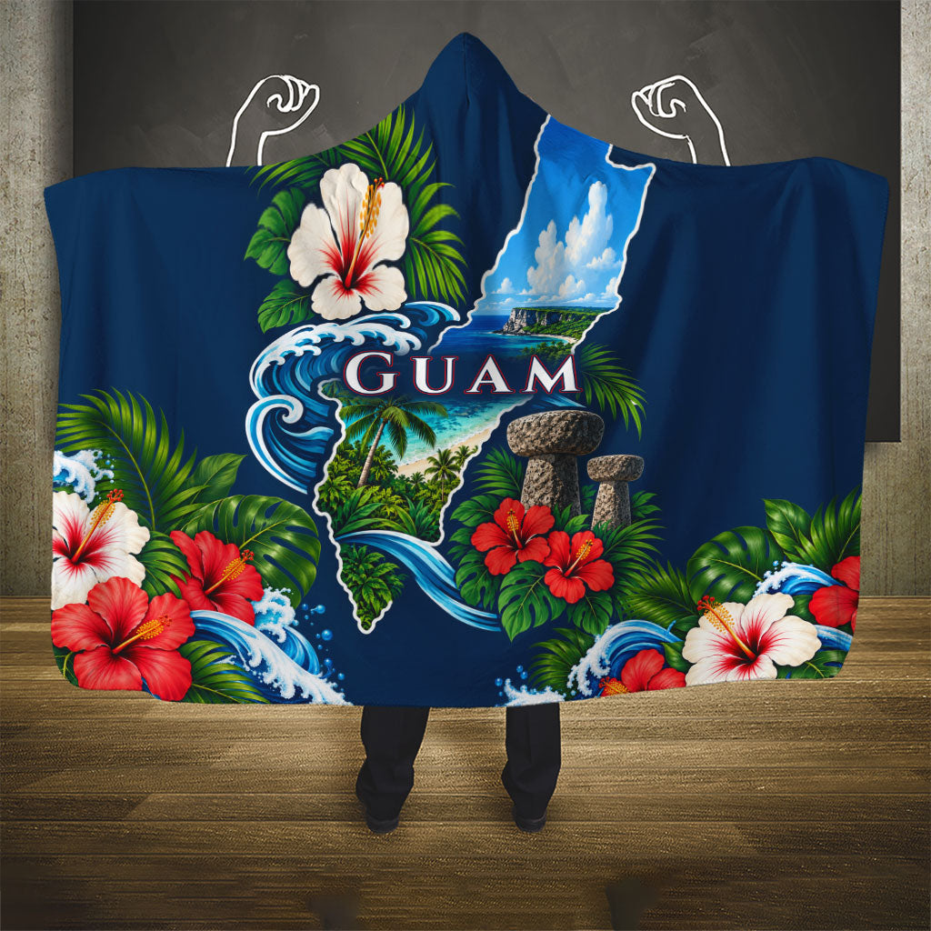 Guam Map Latte Stone Hooded Blanket Hibiscus Floral Coastal Landscape TS04 - Polynesian Pride
