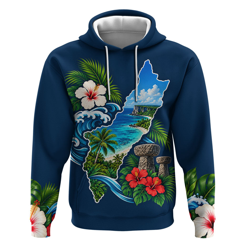 Guam Map Latte Stone Hoodie Hibiscus Floral Coastal Landscape