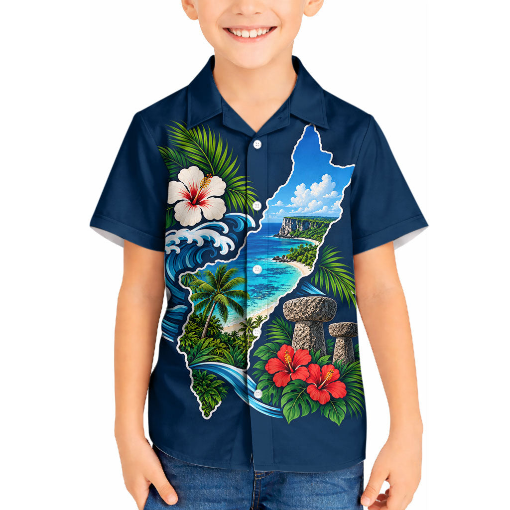 Guam Map Latte Stone Kid Hawaiian Shirt Hibiscus Floral Coastal Landscape TS04 Kid Blue Red - Polynesian Pride