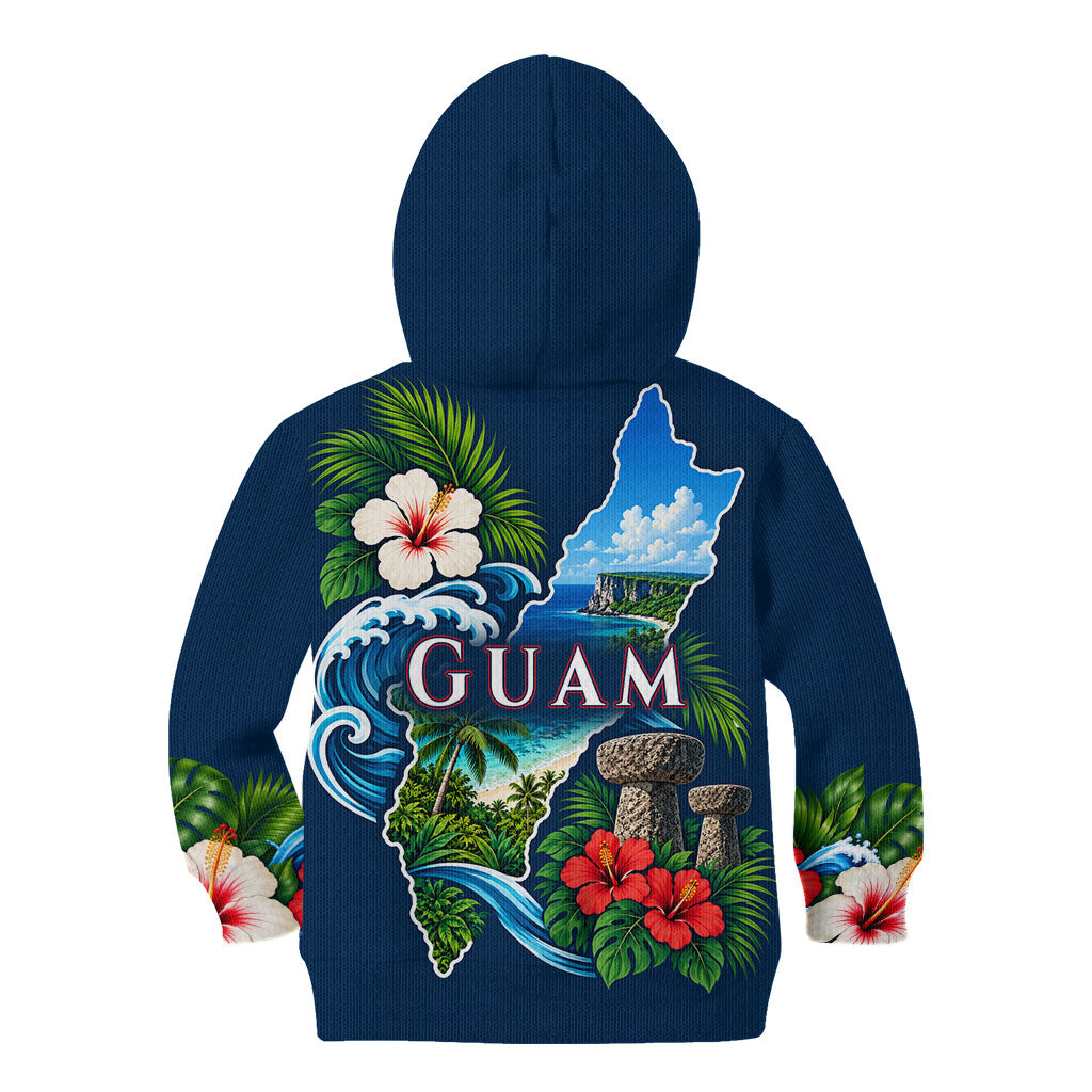 Guam Map Latte Stone Kid Hoodie Hibiscus Floral Coastal Landscape TS04 - Polynesian Pride
