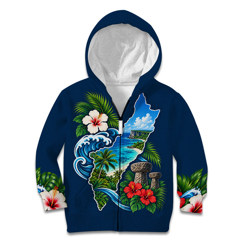 Guam Map Latte Stone Kid Hoodie Hibiscus Floral Coastal Landscape TS04 Zip Hoodie Blue Red - Polynesian Pride