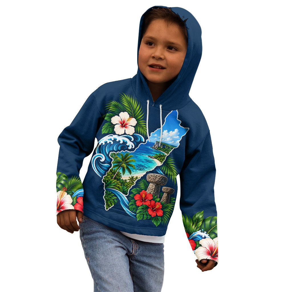 Guam Map Latte Stone Kid Hoodie Hibiscus Floral Coastal Landscape TS04 - Polynesian Pride