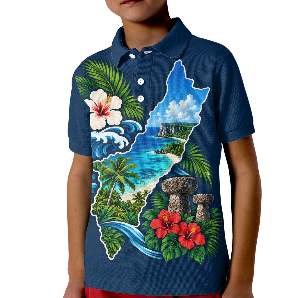 Guam Map Latte Stone Kid Polo Shirt Hibiscus Floral Coastal Landscape TS04 Kid Blue Red - Polynesian Pride