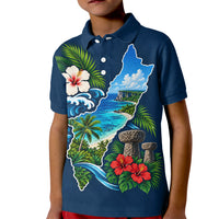 Guam Map Latte Stone Kid Polo Shirt Hibiscus Floral Coastal Landscape TS04 Kid Blue Red - Polynesian Pride