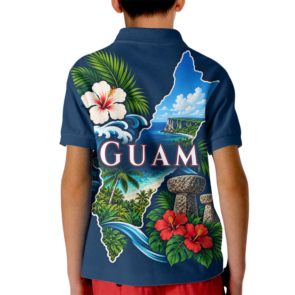 Guam Map Latte Stone Kid Polo Shirt Hibiscus Floral Coastal Landscape TS04 - Polynesian Pride
