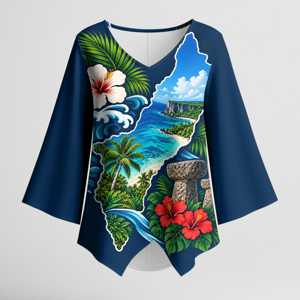Guam Map Latte Stone Kimono Sleeve Blouse Hibiscus Floral Coastal Landscape TS04 Female Blue Red - Polynesian Pride