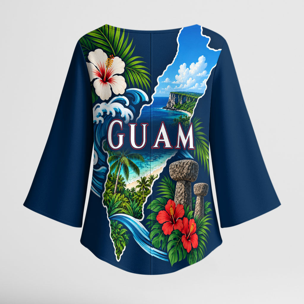Guam Map Latte Stone Kimono Sleeve Blouse Hibiscus Floral Coastal Landscape TS04 - Polynesian Pride