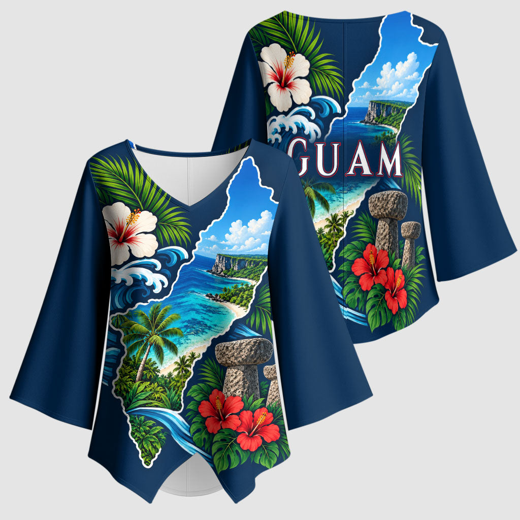 Guam Map Latte Stone Kimono Sleeve Blouse Hibiscus Floral Coastal Landscape TS04 - Polynesian Pride