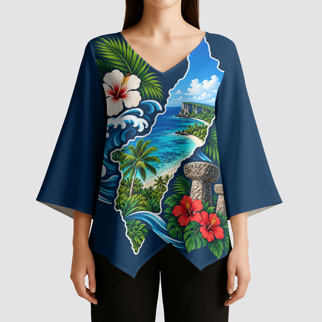 Guam Map Latte Stone Kimono Sleeve Blouse Hibiscus Floral Coastal Landscape TS04 - Polynesian Pride