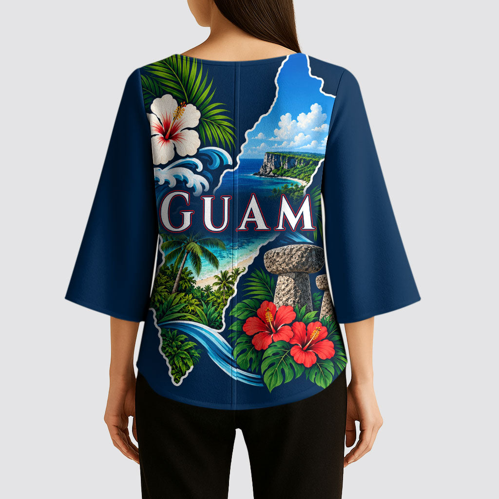 Guam Map Latte Stone Kimono Sleeve Blouse Hibiscus Floral Coastal Landscape TS04 - Polynesian Pride