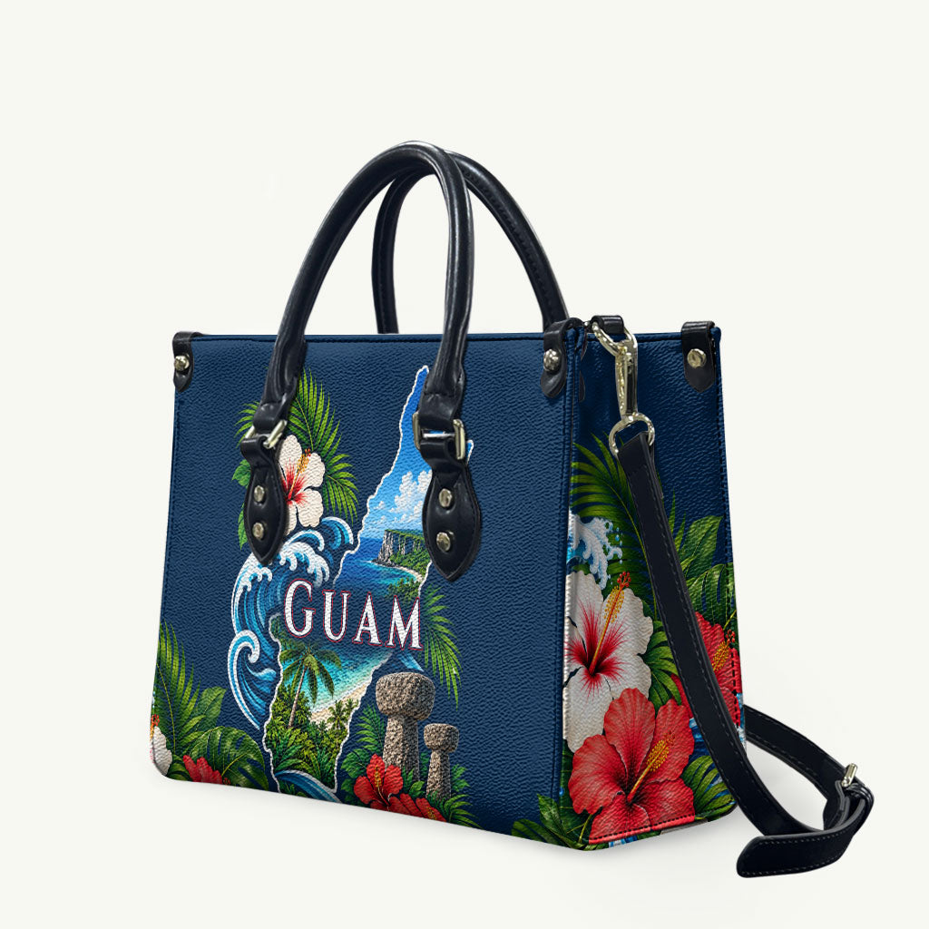 Guam Map Latte Stone Leather Bag Hibiscus Floral Coastal Landscape TS04 Blue Red - Polynesian Pride
