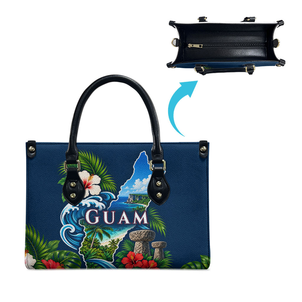 Guam Map Latte Stone Leather Bag Hibiscus Floral Coastal Landscape TS04 - Polynesian Pride